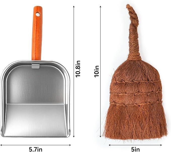 Mini Dustpan and Brush Set, Palm Fiber Handheld Small Broom and Metal Dustpan Combination (Small Broom and Dustpan)