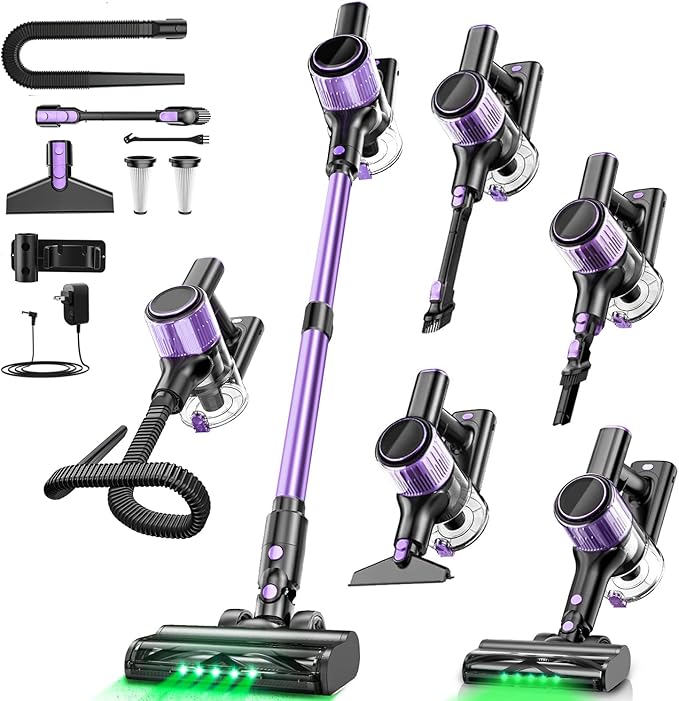 Cordless Vacuum Cleaner, 45KPA /10-in-1 Stick Vacuum with 29-inch Hose, 45Mins Runtime Vacuum Cleaners for Home, Anti-Tangle Brush, Lightweight Rechargeable Vacuum for Hardwood Floor (Purple)