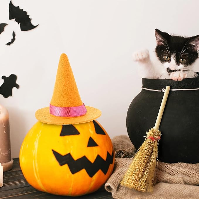 24 Pieces Wine Bottle Toppers - Mini Witch Hats, Brooms and Felt Caps for Halloween Party Favors and Crafts