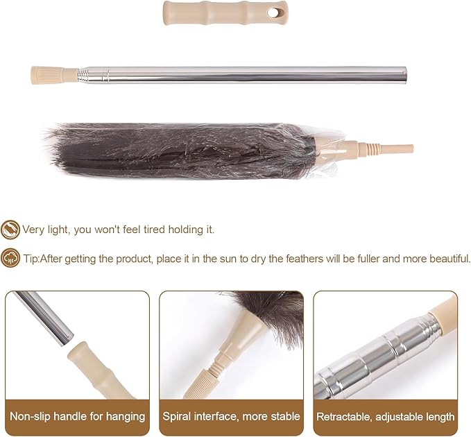 Extendable 81.9 Inch Ostrich Feather Duster with Extension Used for Home Cleaning Ceilings Furniture Fans Washable（1.8M Telescopic Rod,Grey）