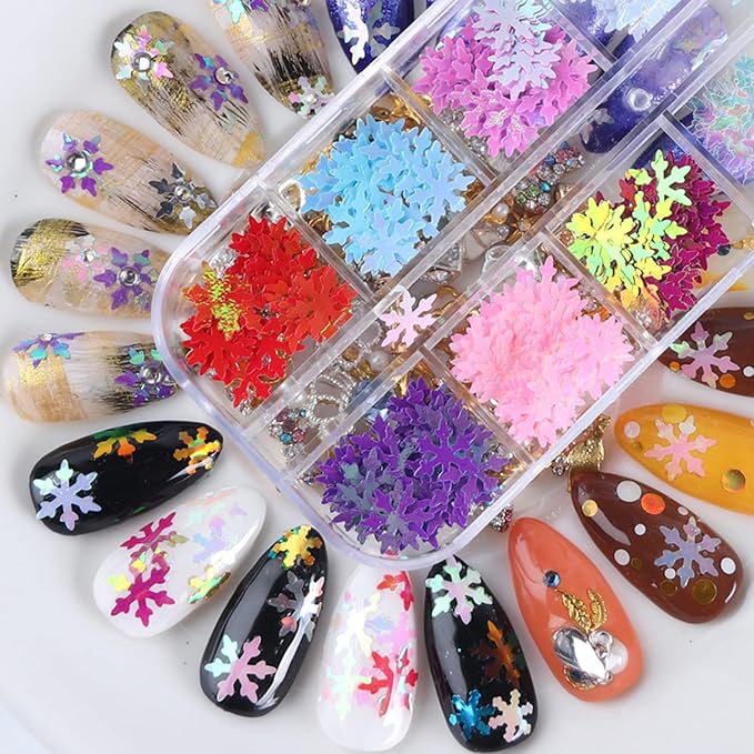 Snowflake Glitter Nail Art Sequins, 3D Christmas Snowflake Sparkly Flakes Design, 12 Colors Snowflake Nail Art Supplies for Women Girls Manicure Charms Decorations DIY Resin Holiday Xmas Nail Art Tips