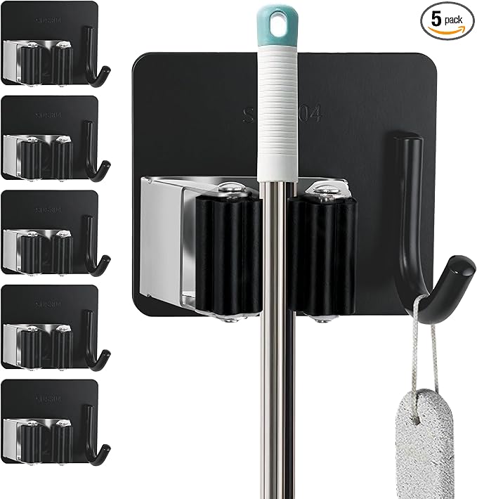 5 Pack Mop and Broom Holder Wall Mount, Stainless Steel Mop and Broom Hanger with Hooks, Mop Broom Organizer for Closet Laundry Garage Garden Tool Organizer (Black)