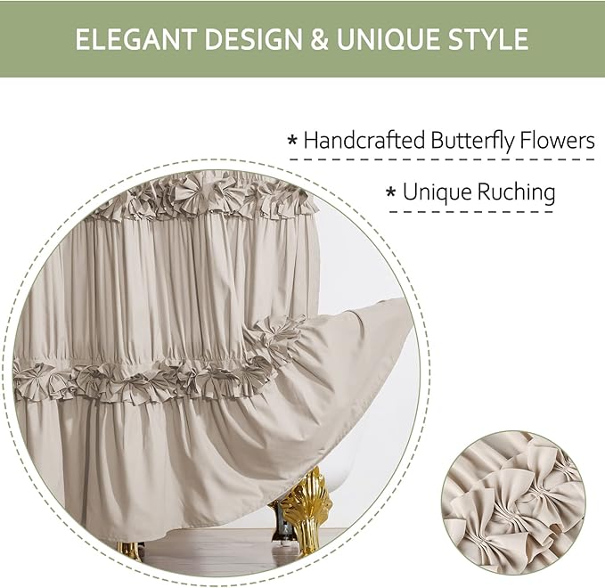 Camel Ruffle Shower Curtain, Vintage Handcrafted Bow Tie Ruched Microfiber Bath Curtain for Master Bathroom with 12 Buttonholes, 72" W x 72" H (LQ-10)