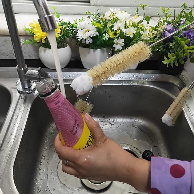 NewFerU Stainless Steel Soda Bottle Cleaning Brush Set in Natural Boar Bristle Wool Tip Long Handle, Flexible Bendable Thick Wire Cleaner for Narrow Neck Water Baby Bottles Straw Pipe Tube Flask (3)