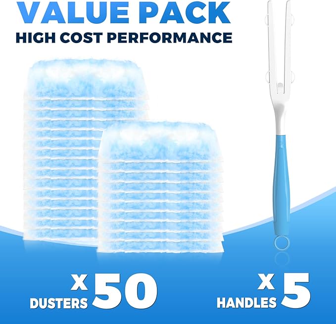 Duster Refills Compatible with Swiffer Duster Refill Heavy Duty, 50 Refills & 5 Handles Kit for Swiffer Duster Kit, Dusters for Cleaning Car Electronics Furniture Blinds, Ceiling Fan Cleaner