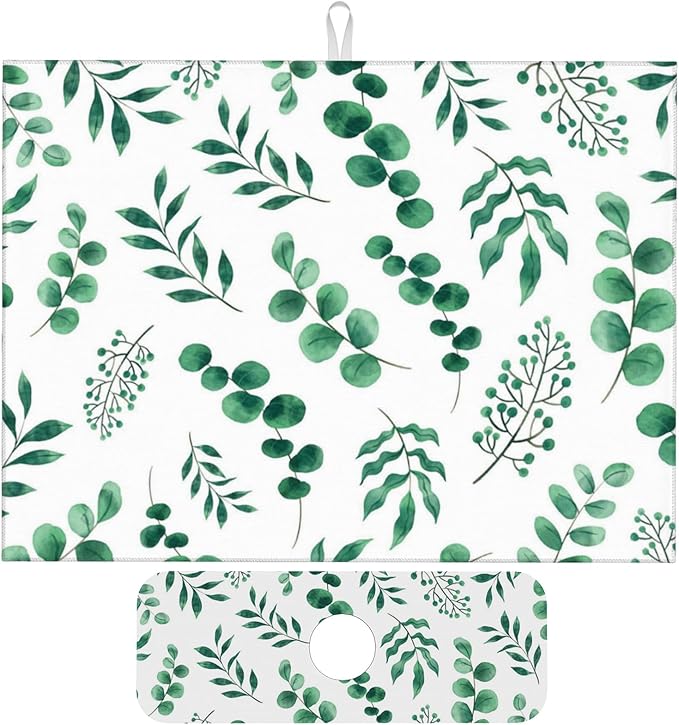 Watercolor Plant Green Leaves Dish Drying Mat for Kitchen Counter, 18"x24" Microfiber Absorbent Fast Dry Mat, 2Pcs Dish Mat Faucet Mats Sets, Large Drying Kitchen Mat Kitchen Drying Pad