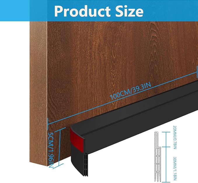 Ainiv Door Draft Stopper Under Door Seal, 2" W x 39" Cutable Soundproof Door Seal, Adhesive Under Door Sweep Weather Stripping Soundproof Kit, Under Door Draft Stopper Seals Anti-Collision-Black