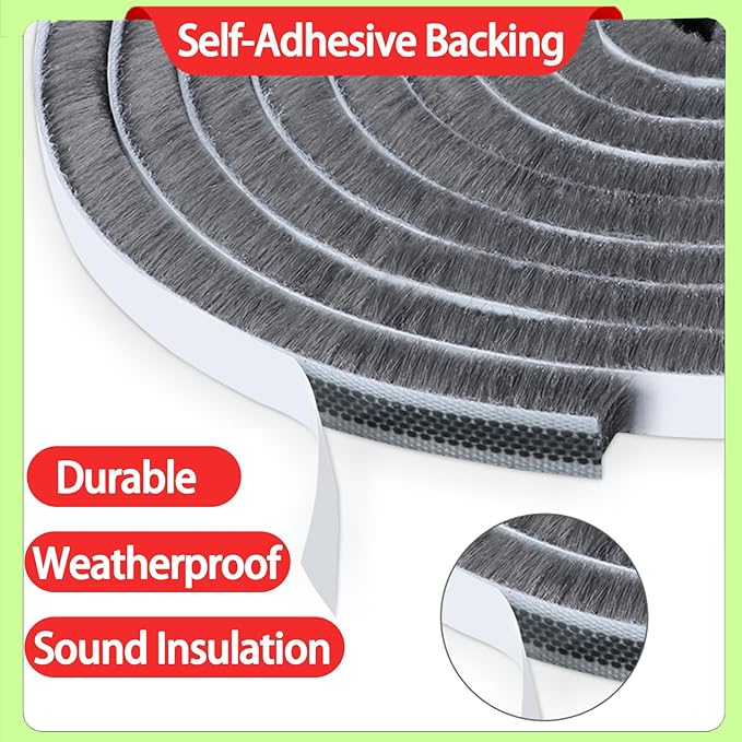 Strong Adhesive Brush Weather Stripping,0.9in Thick x 0.4in(W) x 66FT,Grey for Sliding Windows/Doors - Car Door Seal for Soundproofing,Dustproof,Winter Windproof & Warm,Waterproof,DIY Install