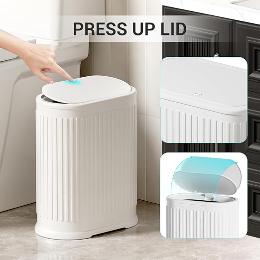 1.8 Gallon Bathroom Trash Can with Lid Press-Top, Small White Stainless Steel Garbage Can with Removable Inner Bucket, Slim Fit Narrow Spaces for Bedroom Office