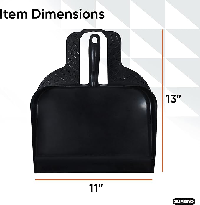 Superio Heavy Duty Plastic Step-on Dustpan with Comfort Grip Handle Black, Durable, Lightweight Multi Surface Dust Pan Easy Broom Sweeping, 10-inch Wide, 3-Pack