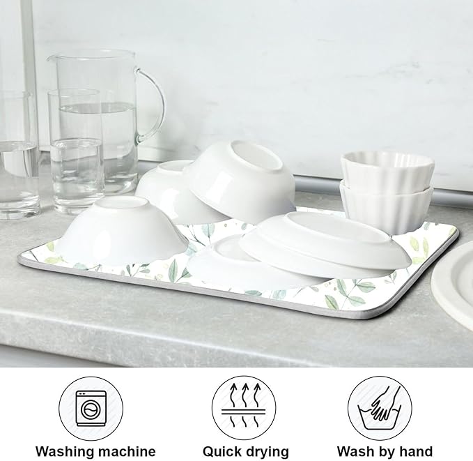 Eucalyptus Leaves Dish Drying Mat for Kitchen Countertop 18x24 Green Large Drying Mat Reusable Quick Dry Dish Sink Mats Easy Clean Decorative Essentials