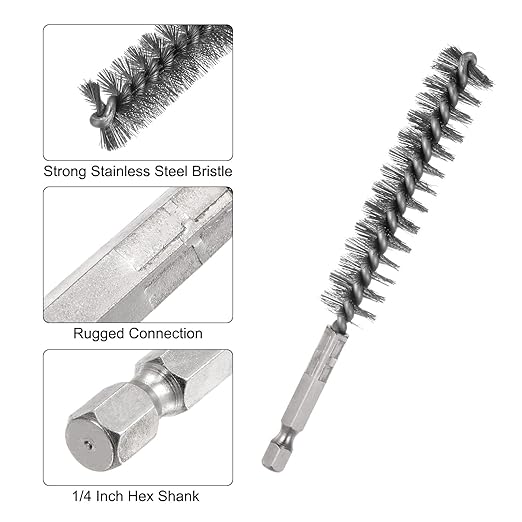 HARFINGTON 5Pcs Bore Brush Stainless Steel 16mm Dia Cleaning Twisted Wire Brush Tube Pipe Cleaner with Handle 1/4 Inch Hex Shank for Tubes, Ports, Bearings