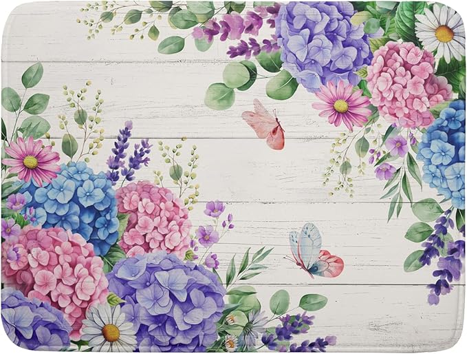 Hydrangea Floral Dish Drying Mat 18x24 inch Spring Summer Decorative Fast Dry Dishes Draining Mats Absorbent Microfiber Drainer Rack Pad