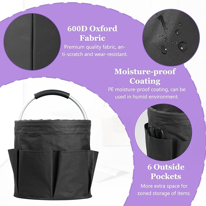 2Pack 17L Foldable Cleaning Supply Caddy with Handle, Portable Bucket Tool Organizer, Garden Tool Bag in 600D Oxford Fabric, Folding Storage Basket for Outdoor, Bathroom, Black + Dark Gray