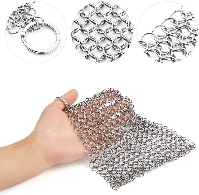 Cast Iron Cleaner 8"x6" 316L Stainless Steel Chainmail Scrubber for Griddle Skillet Dutch Oven Wok Stainless Steel Pot Cast Iron Pan