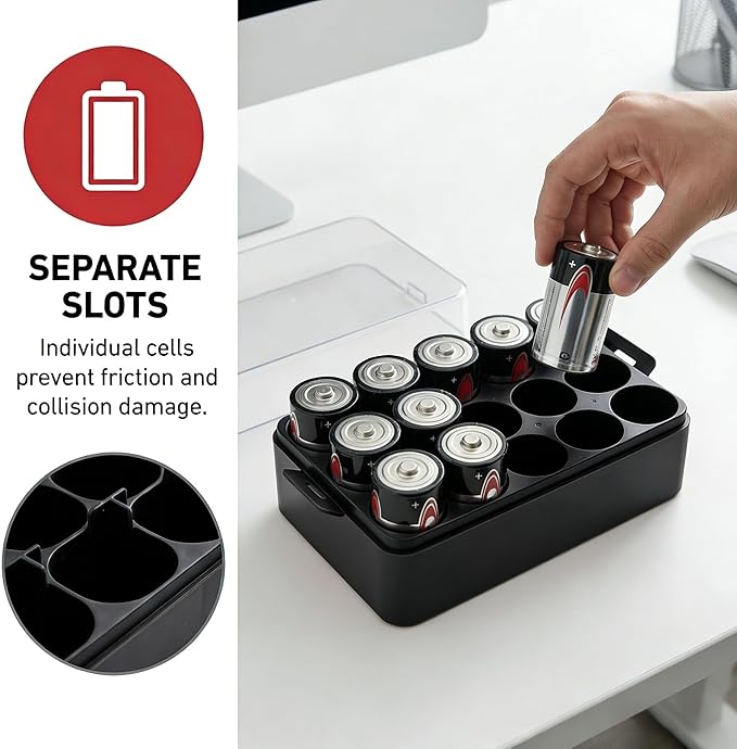 ALCYON Battery Organizer Storage Case, Battery Vault Box Container for 12pcs D Batteries, Plastic Clear Protective Battery Holder for Travelling/Home/Office, Black, Large