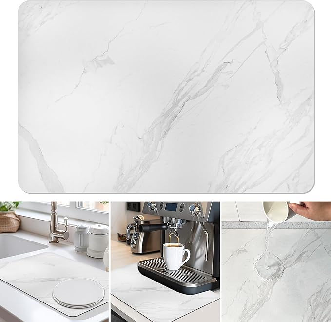 Dish Drying Mat Coffee Bar Mat for Kitchen Counter, Absorbent Dish Rack Pad Hide Stain with Non-slip Rubber Backed Coffee Accessories Fit Under Espresso Machine Maker White Marble 22.83"x14.96"