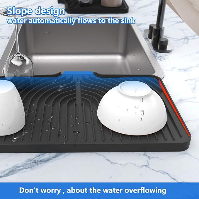 Kitchen Drying Mat for sink with a bulged edge,10"14"18"20"Silicone Dish Drying Mat with built-in Drain Spout, Rubber Dish Mat for Kitchen (18"×12"black)