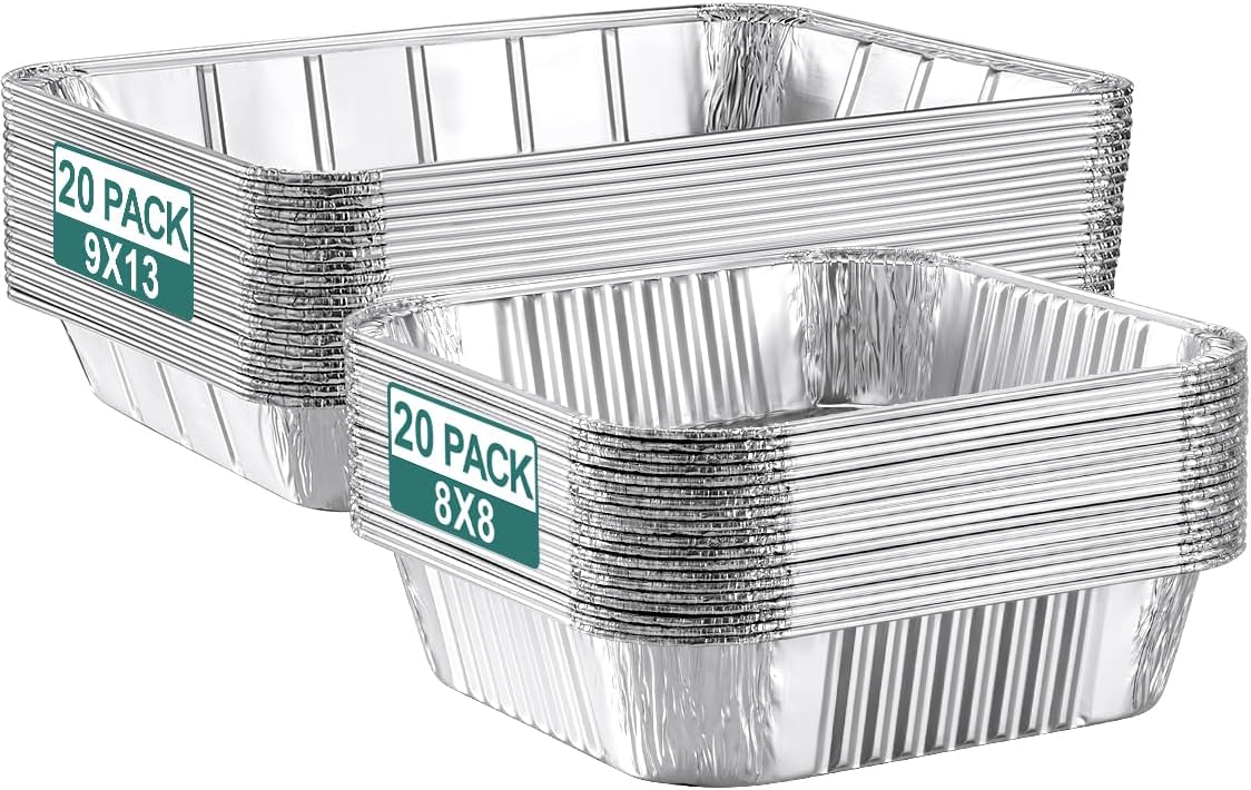 40 Pack Disposable Aluminum Pans Combo Set - 20 Large 9x13 Aluminum Foil Pans Half Size & 20 Small 8x8 Tin Foil Baking Pans, Tin Trays Containers for Meal Prep, Food Cooking, Roasting, Heating