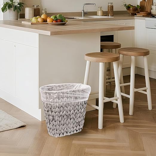 Wicker Trash Can,Waterproof Bathroom Waste Basket,Plastic Wicker Woven Waste Basket with Built-in Handles, 19 Liters/5 Gallons,Decorative Boho Rubbish Bin for Bedroom, Office, Kitchen, Laundry (gray)