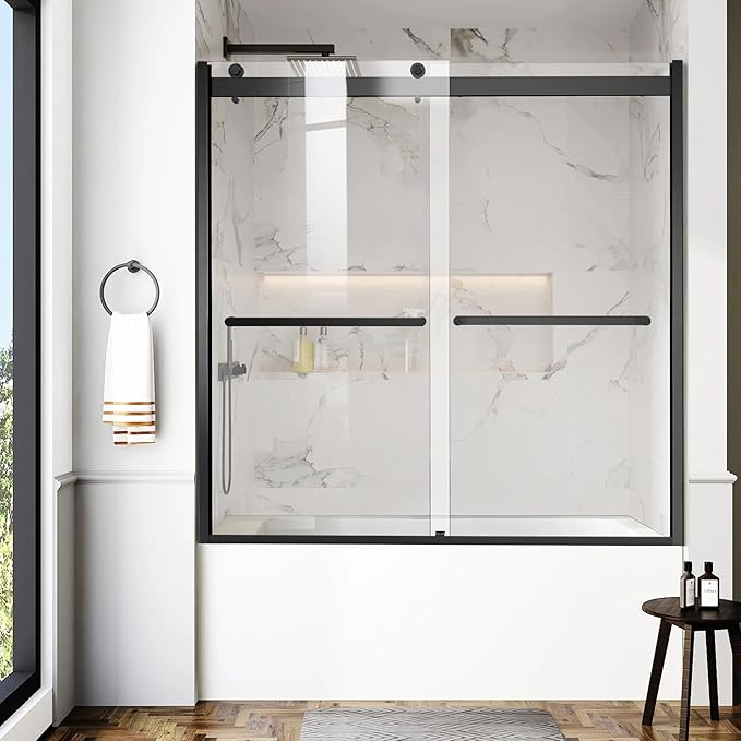Bathtub Shower Door, 60″x 62″ Semi-Frameless Sliding Shower Door, Double Sliding Bypass Glass Shower Doors for Bathtub with 5/16" (8mm) Tempered Glass, Matte Black