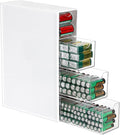 BTSKY 1 Pack White Acrylic Battery Storage Organizer for AA, AAA, 9V, C Batteries, 4-Drawer Storage Box Battery Holder Organizer for Common Types Batteries, Household Container(Batteries Not Included)