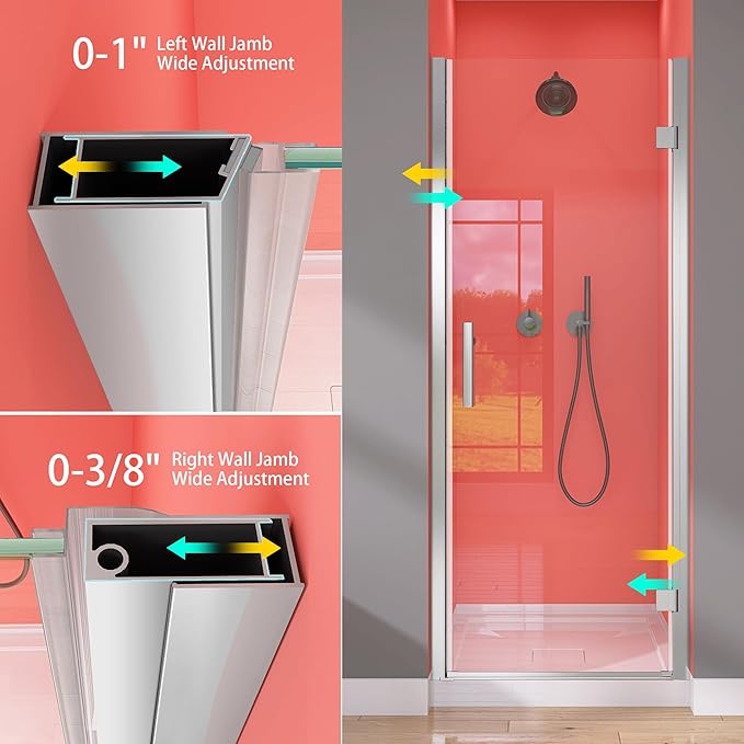 GETPRO Frameless Pivot Shower Door Hinged 30 in. W x 72 in. H Swing Single Small Shower Door 1/4 inch Tempered Glass Panel Adjustable Right Hinged Bathroom Door for Shower Chrome Hardwares