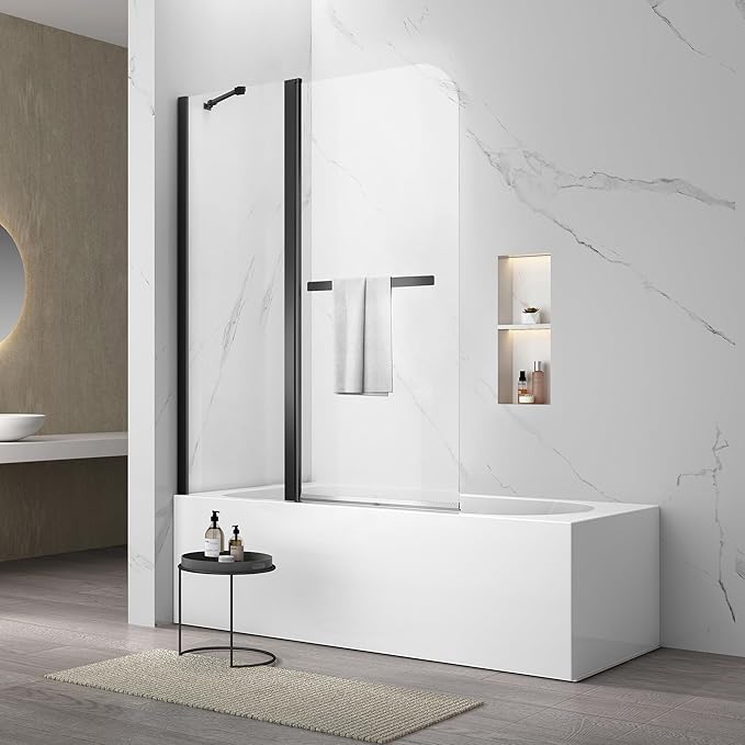 Sunrosa Pivot Matte Black Bathtub Door, 48"58", Frameless Tempered Glass Bifold Shower Door With Towel Bar