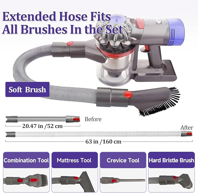 6 Pcs Vacuum Attachment Kit for Dyson V15, V12, V11, V10, V7, and V8 Cordless Vacuum Cleaners, Includes Hose, Crevice Tool, Mattress & Soft/Hard Brushes