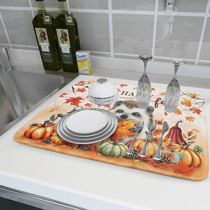 Happy Fall Dish Drying Mat - Large Absorbent Microfiber Drying Pad for Kitchen Counter 18 X 24 in Yellow