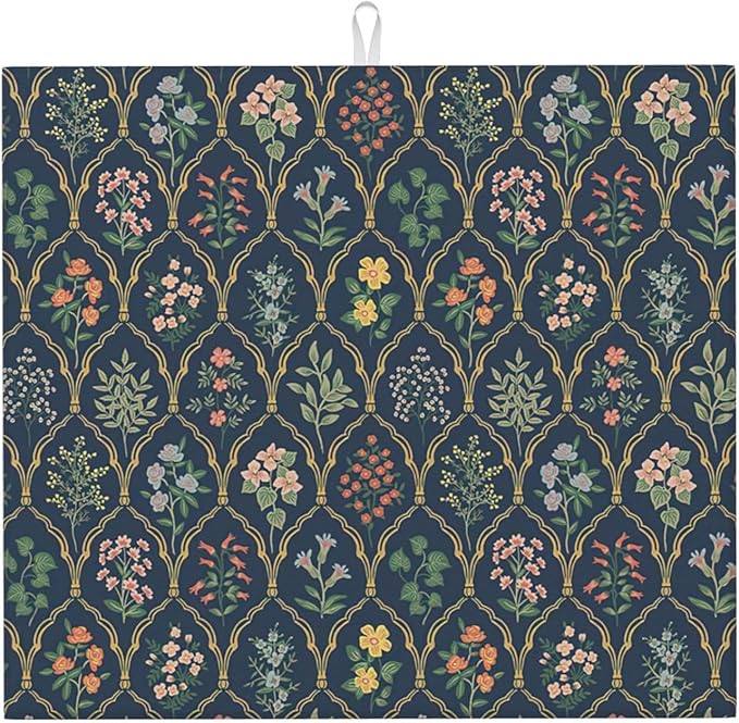 Vintage Flowers Dish Drying Mat 16x18 inches Microfiber Absorbent Fast Dry Mat for Kitchen Counter Coffee Bar Boho Floral Large Drying Mat Kitchen Decor Gifts (Vintage Flowers, 16x18 inches)
