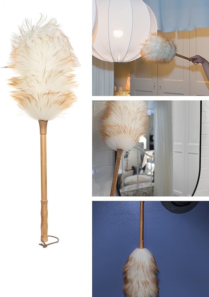 Avain Wool Duster with Wood Handle, Blinds Cleaner Purifier, Brush Cleaning Tool, Lambswool Dusters for Cleaning Vehicles, Office and Housework Dusting 18.inches Long (Pure, Pack of 3)