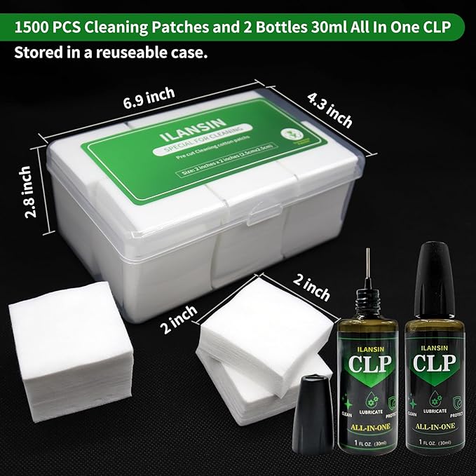 3000/1500PCS Gun Cleaning Patches+CLP Oil,2"x2" Lint Free Gun Cleaning Cloth,Professional Wipes for Shot Pistol/All Caliber of Firearms.Store in Box Can Store Gun Cleaning Kit,Choose Your Set