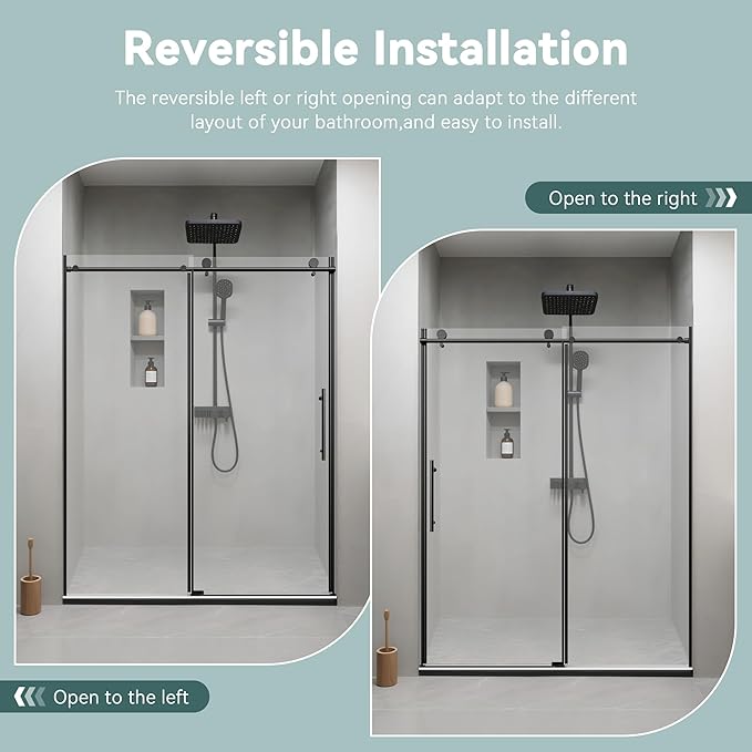 56-60" W x 76" H Stainless Steel Frameless Single Sliding Shower Door, 1/4" (6mm) SGCC Clear Tempered Glass, Reversible Installation, Matte Black Finish