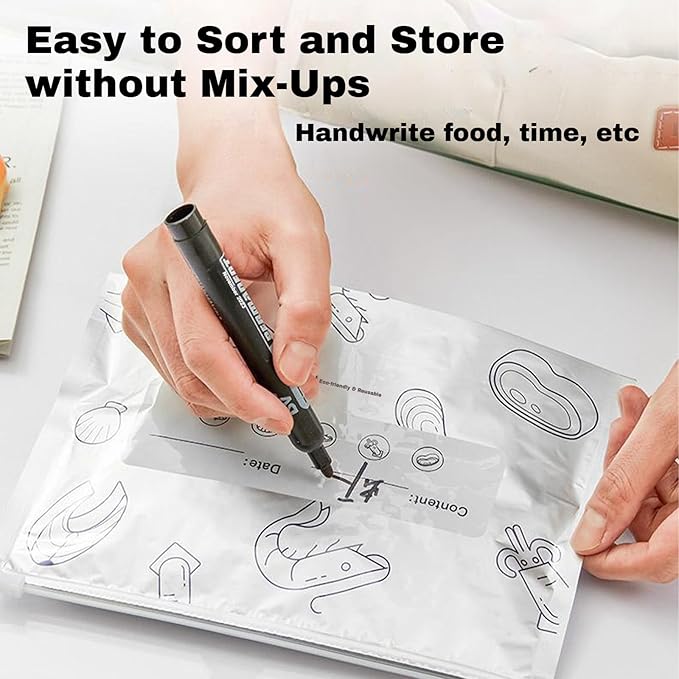 Reusable Aluminum Foil Sealable Storage Bags, 2026 New Resealable Stand Up Zipper Pouches with Label for Food Storage, Freezer Safe Leak Proof Foil Bags for Meat, Fruit, Vegetables (30 Large)