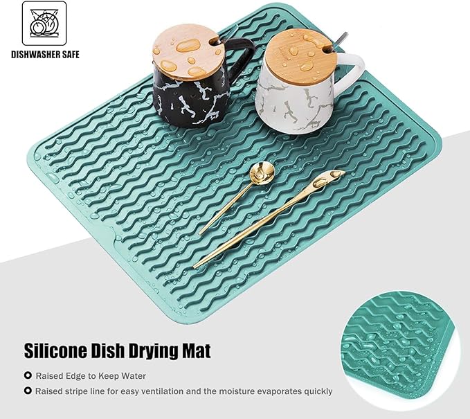 Silicone Dish Drying Mat for Multiple Usage, Easy clean, Eco-friendly, Heat-resistant Dish Drainer Mat for Kitchen Counter,Sink,Refrigerator or Drawer liner (16" x 12", Green)