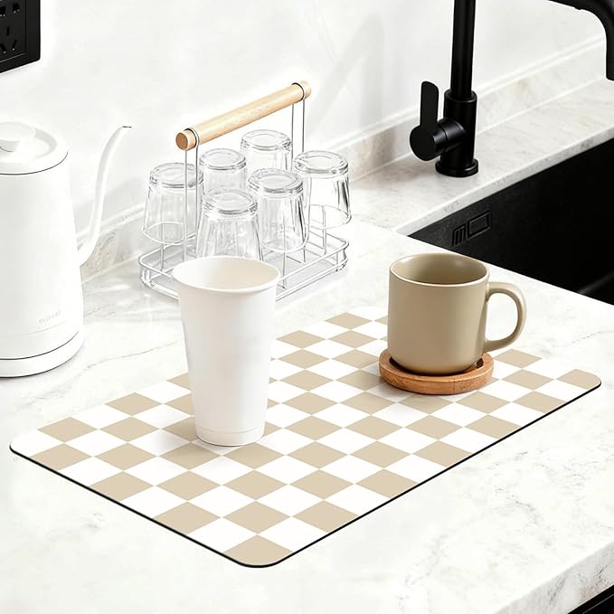 16" x 24" Checkered Dish Drying Mat for Kitchen Counter, Absorbent Coffee Bar Mat for Espresso Machine Coffee Countertops Accessories (Khaki)