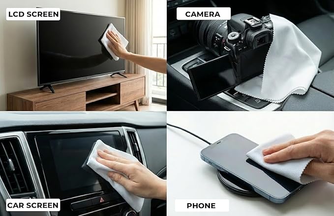 Microfiber Polyamide and Polyester Cleaning Cloth for Everywhere, Glasses, Screens & Delicate Surfaces – Soft, Camera Lens, Car Interior, Piano Black, Lint-Free, Reusable Zigzag Edge (White)