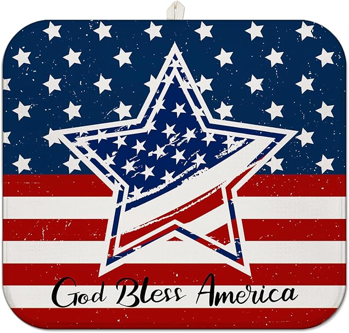 4th of July Dish Drying Mat for Kitchen Counter,Independence Day Stars Memorial Fallen Soldiers Microfiber Drying Mat, Washable Absorbent Patriot Kitchen Countertop Dish Mat Draining Mat 16×18 Inch