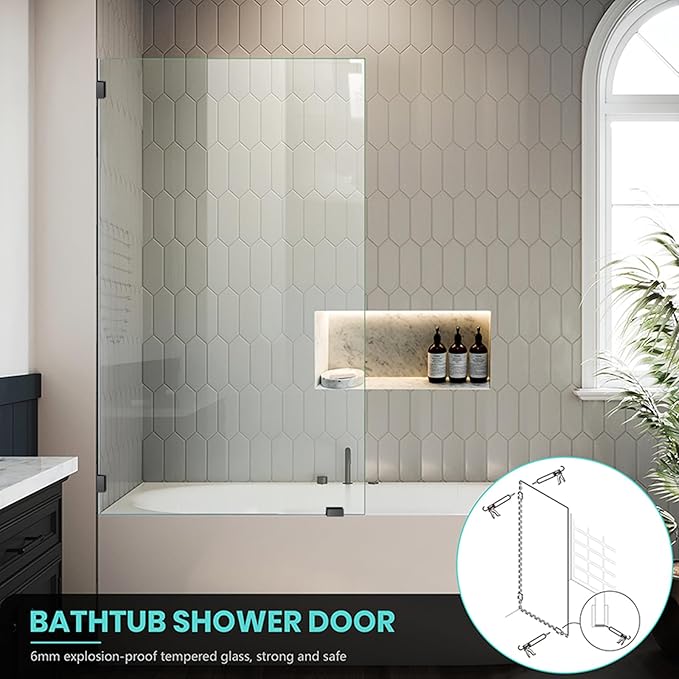 34" W x 58" H Frameless Single Fixed Bath Panel, Fixed Bathtub Screen with Clamps, 1/4" Clear Glass, Bathroom Shower Door Screen Fixed Tub Shower Glass Door Panel in Matte Black