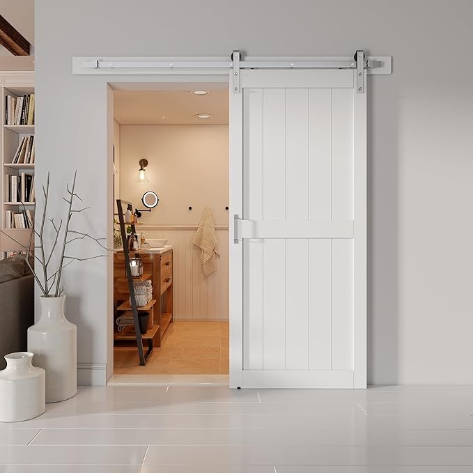 36''x84'' Sliding Barn Door with 6.6 Ft Brushed Nickel Hardware Kit& Handle& Floor Guides,Pre-Drilled Holes Easy Assembly - Include Installation Manual, Water-Proof PVC Surface, H-Frame