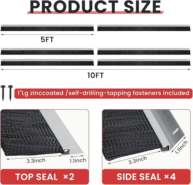 3" Roll up Garage Door Brush Seal,10 x 10ft Nylon Brush Seal Kit with Aluminum Track for Warehouse/Commercial/Sliding Barn/Hangar Doors (Top Straightx2 + Side 45-Degree Holder Side Sealx4)
