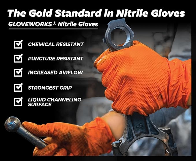 GLOVEWORKS 8 Mil Orange Nitrile Disposable Gloves Heavy Duty Industrial RDT for Mechanic and Automotive Shops Latex Free