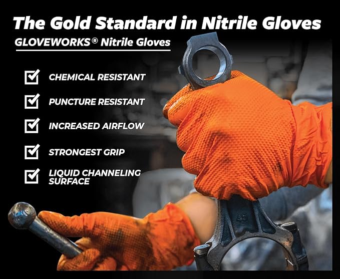 GLOVEWORKS 8 Mil Orange Nitrile Disposable Gloves Heavy Duty Industrial RDT for Mechanic and Automotive Shops Latex Free