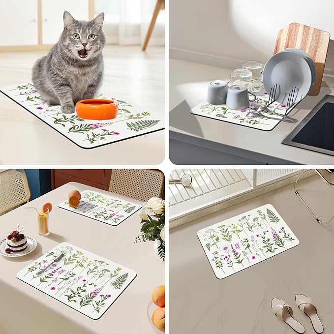 Bloss Kitchen Mat, Coffee Mat 12"x19", Coffee Bar/Maker Mat, Kitchen Counter Mats, Absorbent Hide Stain Rubber Backed Dish Drying Pad(, Flowers and Leaves)