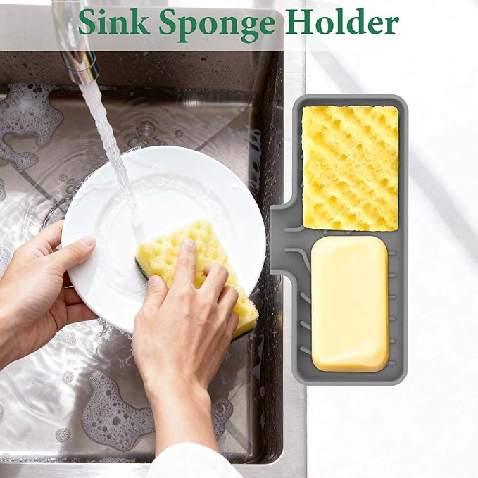 GUUKIN Sponge Holder for Kitchen Sink, Sink Caddy and Soap Tray | 10x5 inch Kitchen Sink Organizer | Compatible with Scrub Daddy, Kitchen Sink Accessories (Grey)