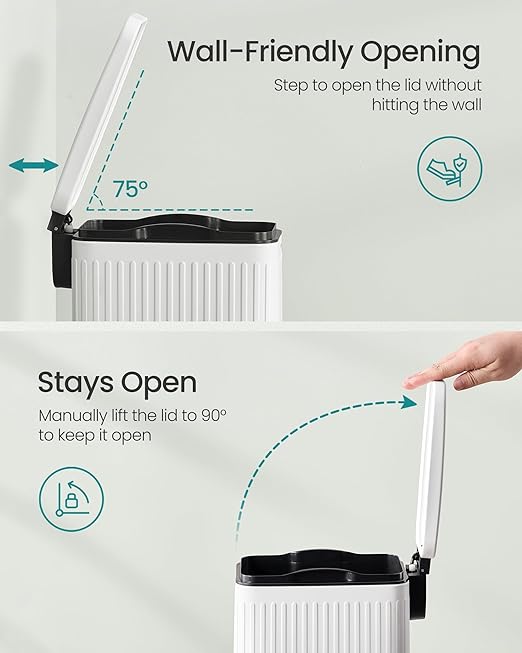 SONGMICS Bathroom Trash Can, 1.6-Gallon (6 L) Trash Bin with Lid, Slim for Small Spaces, Stainless Steel Garbage Can, Soft Close, White ULTB563W02