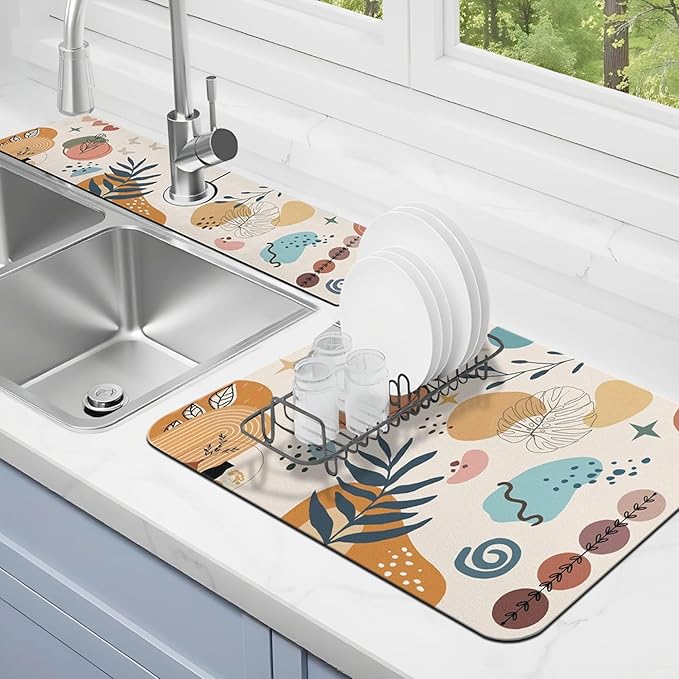 Dish Drying Mat for Kitchen Counter Matt, 2PCS 19"x12" Dish Drainer Mat & 24"x5.5" Sink Splash Guard, Super Absorbent Non-slip Rubber Backed