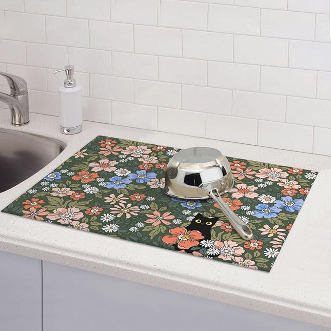 Black Cat Floral Dish Drying Mat For Kitchen Counter Absorbent Large Kitchen Fast Dry Pad Reusable Washable Protector Rack Large Mat 18 X 24