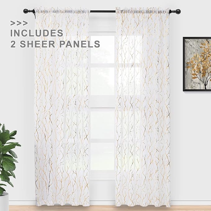 FINECITY White and Gold Sheer Curtains 45 Inch Length 2 Panels Metallic Gold Foil Branches Printed Sheer Kitchen Curtains Over Sink, Rod Pocket Privacy Short Sheer Window Curtains, 52 x 45 Inch